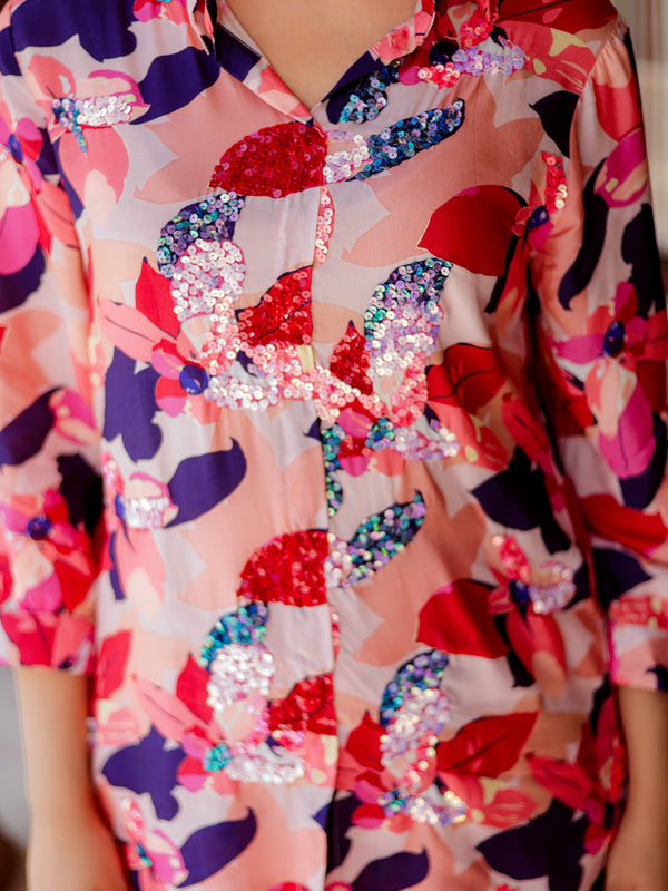 Multi colour co-ord  set with sequence work on front & printed  bottom.