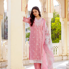 Floral printed Linen Straight suit set with  solid bottom & printed kota dupatta set.