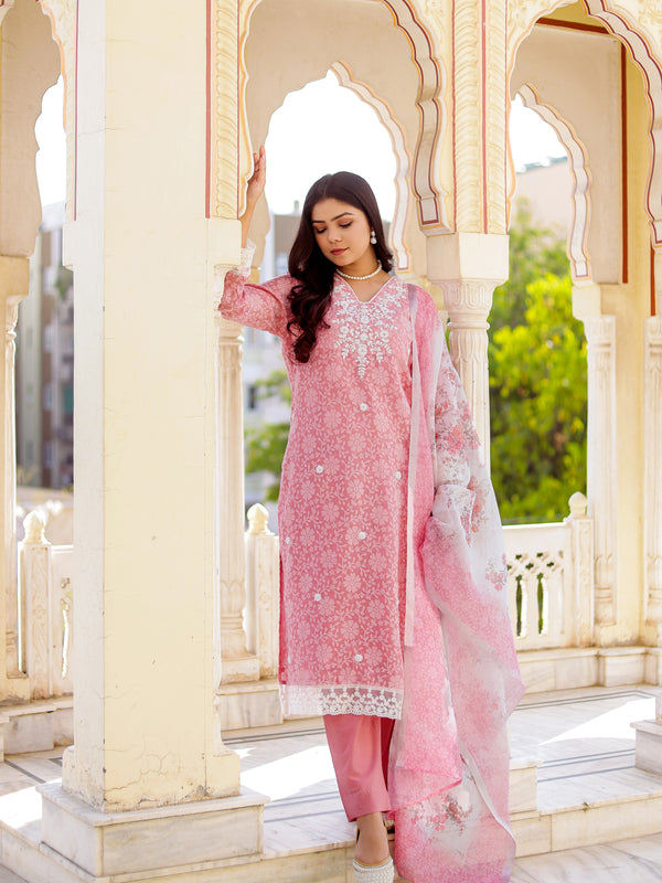 Floral printed Linen Straight suit set with  solid bottom & printed kota dupatta set.