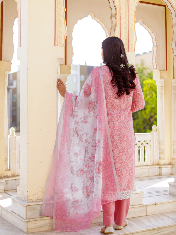 Floral printed Linen Straight suit set with  solid bottom & printed kota dupatta set.