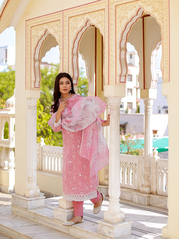 Floral printed Linen Straight suit set with  solid bottom & printed kota dupatta set.