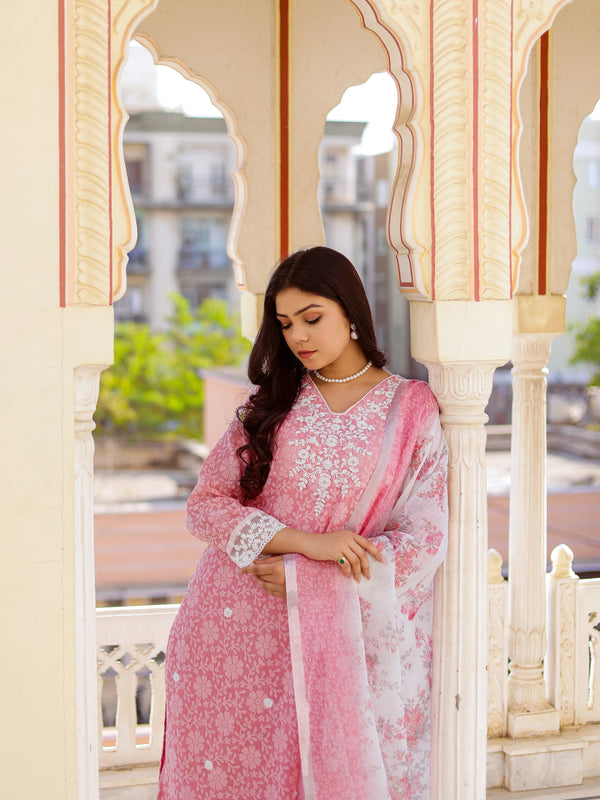 Floral printed Linen Straight suit set with  solid bottom & printed kota dupatta set.