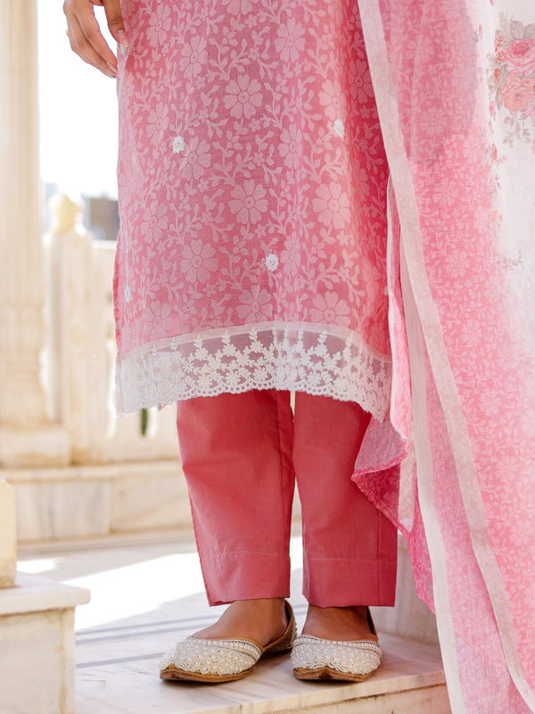 Floral printed Linen Straight suit set with  solid bottom & printed kota dupatta set.