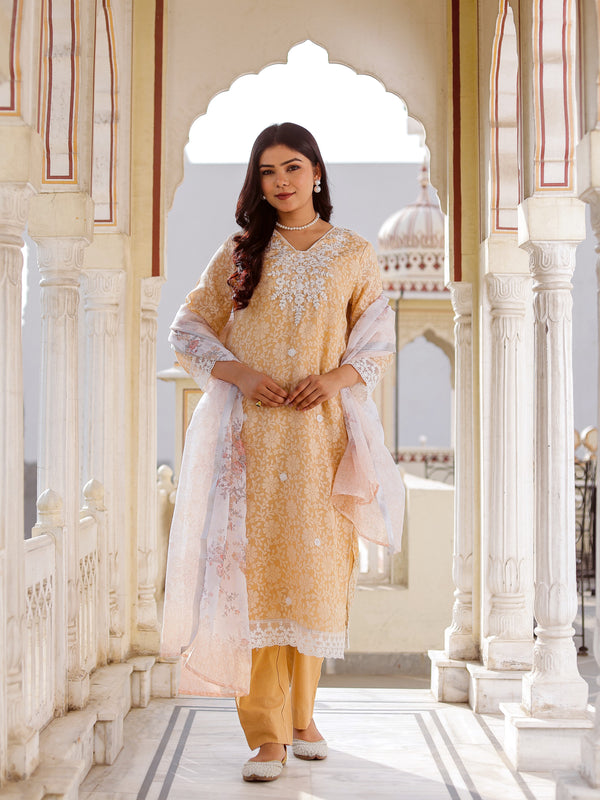 Floral printed Linen Straight suit set with  solid bottom & printed kota dupatta set.