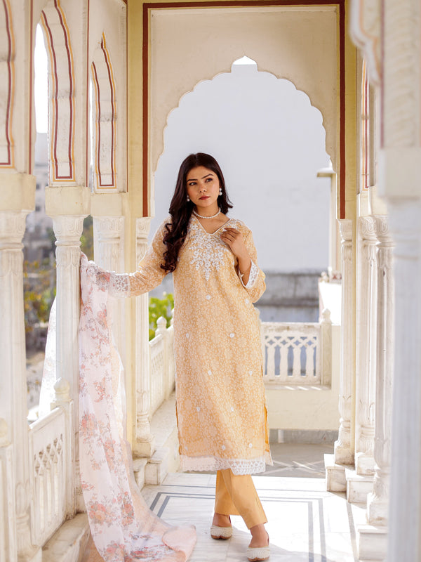 Floral printed Linen Straight suit set with  solid bottom & printed kota dupatta set.