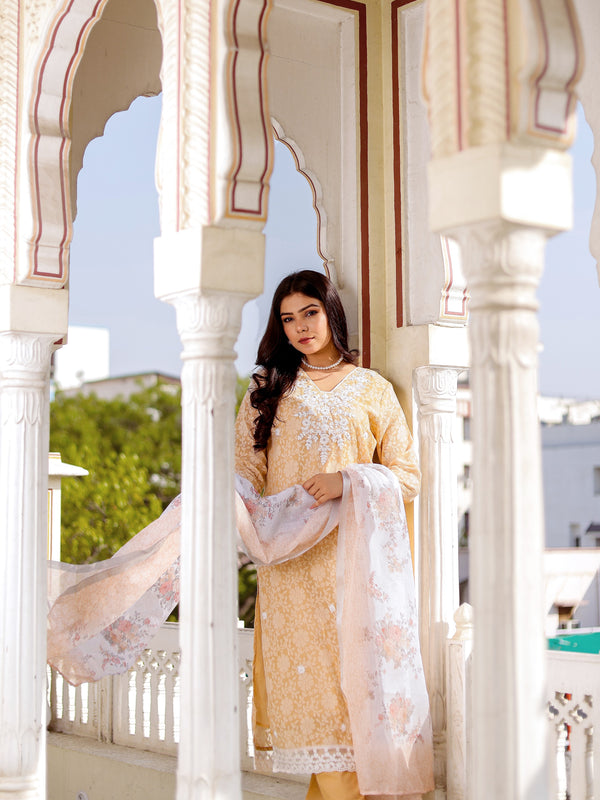 Floral printed Linen Straight suit set with  solid bottom & printed kota dupatta set.