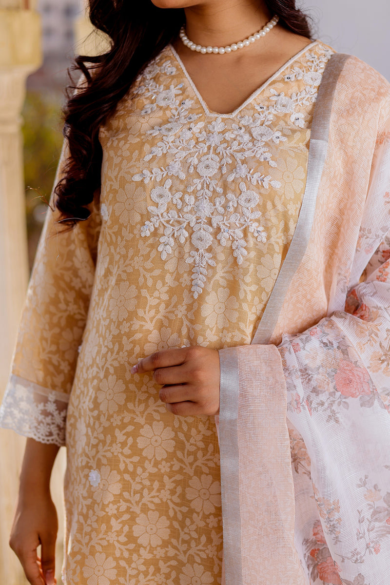 Floral printed Linen Straight suit set with  solid bottom & printed kota dupatta set.