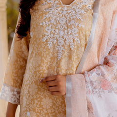 Floral printed Linen Straight suit set with  solid bottom & printed kota dupatta set.