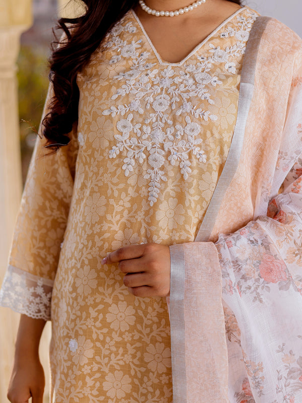 Floral printed Linen Straight suit set with  solid bottom & printed kota dupatta set.