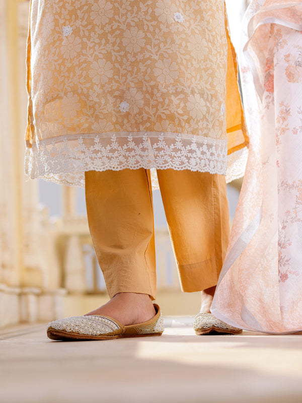 Floral printed Linen Straight suit set with  solid bottom & printed kota dupatta set.