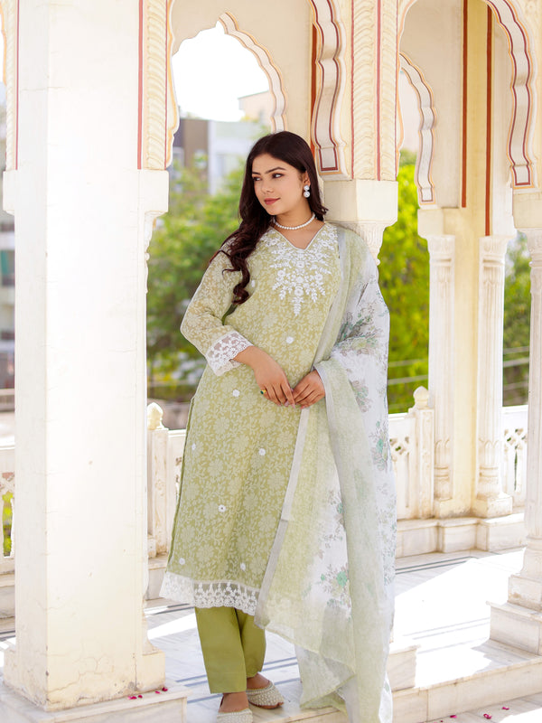 Floral printed Linen Straight suit set with  solid bottom & printed kota dupatta set.