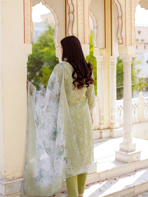 Floral printed Linen Straight suit set with  solid bottom & printed kota dupatta set.
