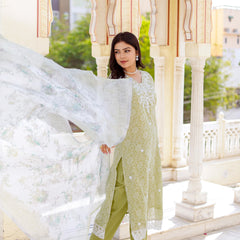 Floral printed Linen Straight suit set with  solid bottom & printed kota dupatta set.