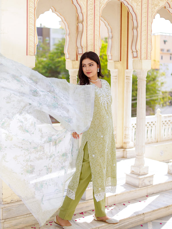 Floral printed Linen Straight suit set with  solid bottom & printed kota dupatta set.