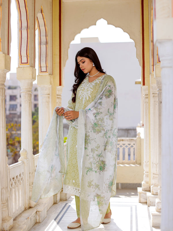 Floral printed Linen Straight suit set with  solid bottom & printed kota dupatta set.