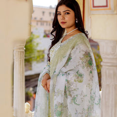 Floral printed Linen Straight suit set with  solid bottom & printed kota dupatta set.