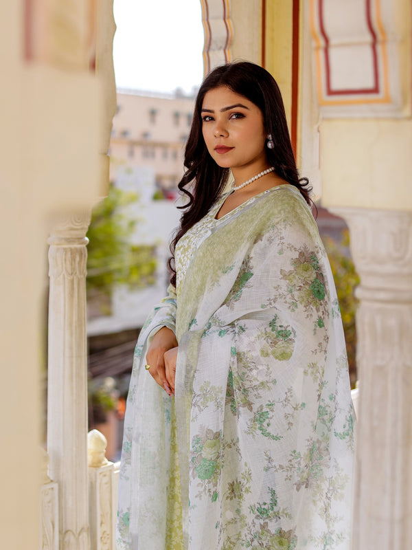 Floral printed Linen Straight suit set with  solid bottom & printed kota dupatta set.