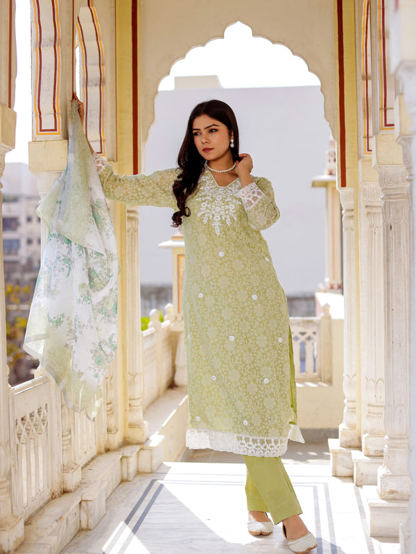 Floral printed Linen Straight suit set with  solid bottom & printed kota dupatta set.