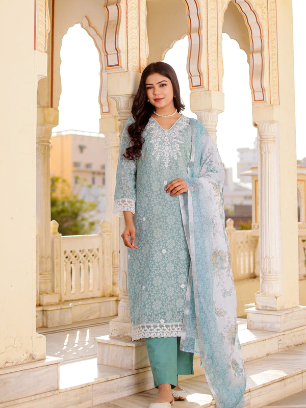 Floral printed Linen Straight suit set with  solid bottom & printed kota dupatta set.