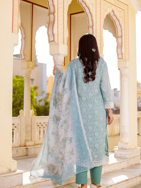 Floral printed Linen Straight suit set with  solid bottom & printed kota dupatta set.