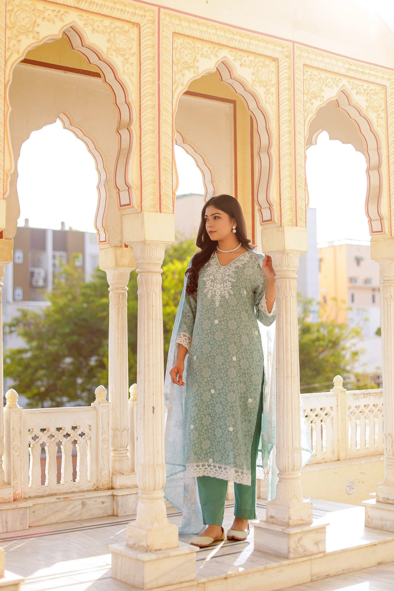 Floral printed Linen Straight suit set with  solid bottom & printed kota dupatta set.