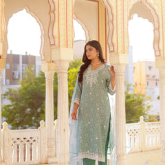 Floral printed Linen Straight suit set with  solid bottom & printed kota dupatta set.