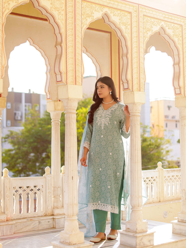 Floral printed Linen Straight suit set with  solid bottom & printed kota dupatta set.