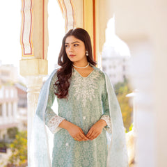 Floral printed Linen Straight suit set with  solid bottom & printed kota dupatta set.