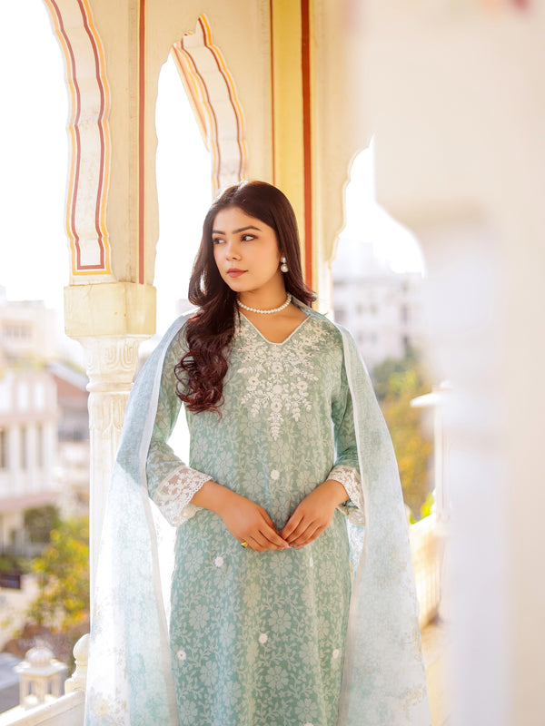 Floral printed Linen Straight suit set with  solid bottom & printed kota dupatta set.