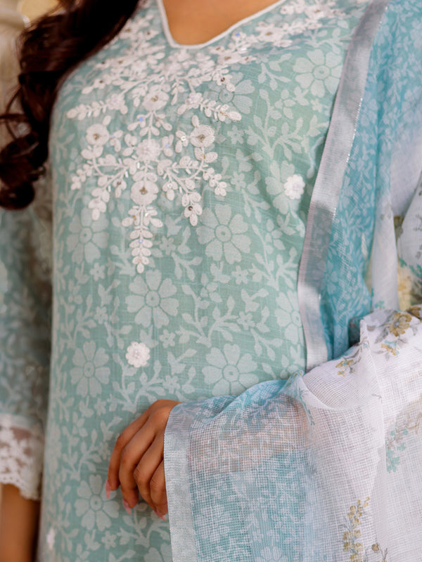 Floral printed Linen Straight suit set with  solid bottom & printed kota dupatta set.