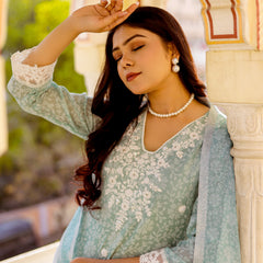 Floral printed Linen Straight suit set with  solid bottom & printed kota dupatta set.