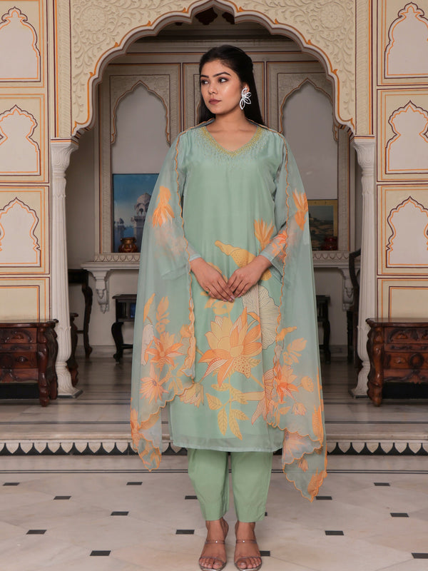 Teal Green Placement print Straight suit set with solid bottom & printed organza cut work dupatta set.