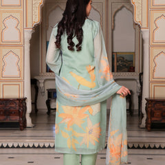 Teal Green Placement print Straight suit set with solid bottom & printed organza cut work dupatta set.