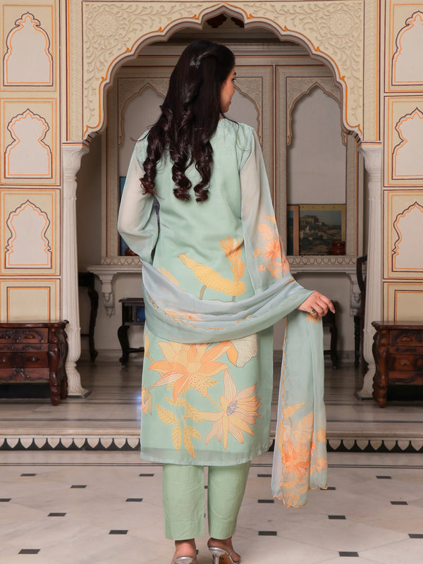 Teal Green Placement print Straight suit set with solid bottom & printed organza cut work dupatta set.
