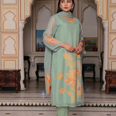 Teal Green Placement print Straight suit set with solid bottom & printed organza cut work dupatta set.