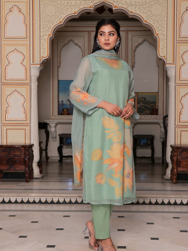 Teal Green Placement print Straight suit set with solid bottom & printed organza cut work dupatta set.