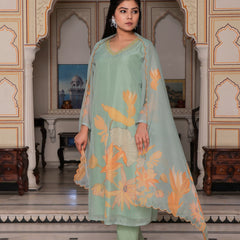 Teal Green Placement print Straight suit set with solid bottom & printed organza cut work dupatta set.