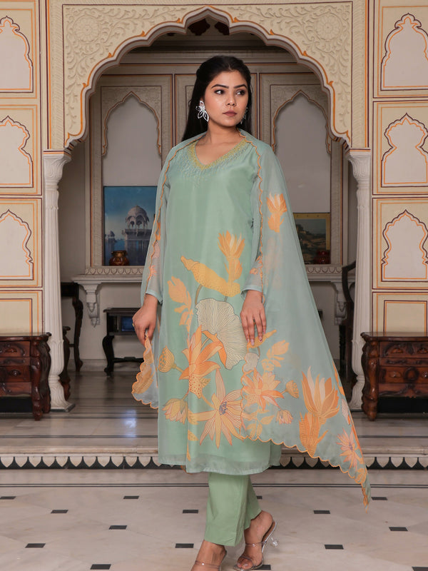 Teal Green Placement print Straight suit set with solid bottom & printed organza cut work dupatta set.