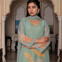 Teal Green Placement print Straight suit set with solid bottom & printed organza cut work dupatta set.