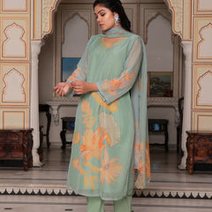 Teal Green Placement print Straight suit set with solid bottom & printed organza cut work dupatta set.