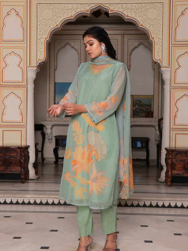 Teal Green Placement print Straight suit set with solid bottom & printed organza cut work dupatta set.