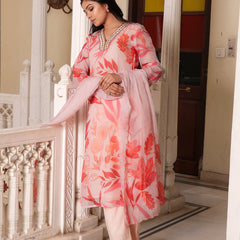 Peach Placement print collared Straight suit set with solid bottom & printed organza cut work dupatta set.
