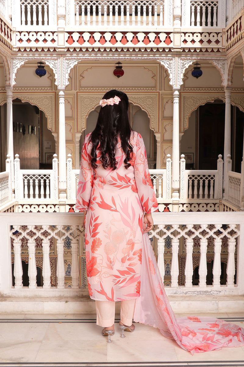 Peach Placement print collared Straight suit set with solid bottom & printed organza cut work dupatta set.