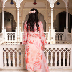 Peach Placement print collared Straight suit set with solid bottom & printed organza cut work dupatta set.