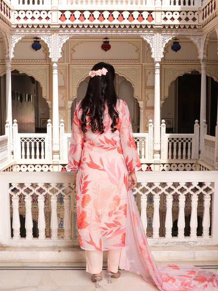 Peach Placement print collared Straight suit set with solid bottom & printed organza cut work dupatta set.