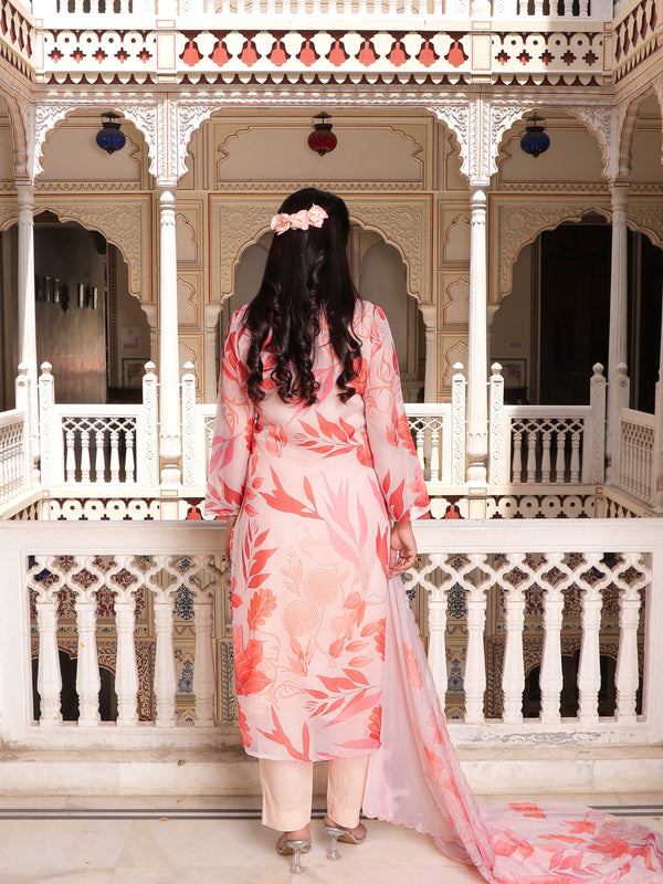 Peach Placement print collared Straight suit set with solid bottom & printed organza cut work dupatta set.