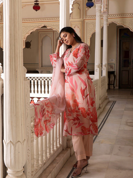 Peach Placement print collared Straight suit set with solid bottom & printed organza cut work dupatta set.