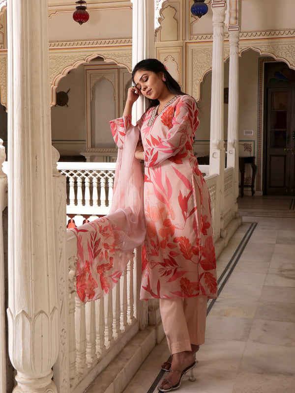 Peach Placement print collared Straight suit set with solid bottom & printed organza cut work dupatta set.