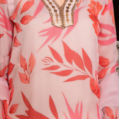 Peach Placement print collared Straight suit set with solid bottom & printed organza cut work dupatta set.