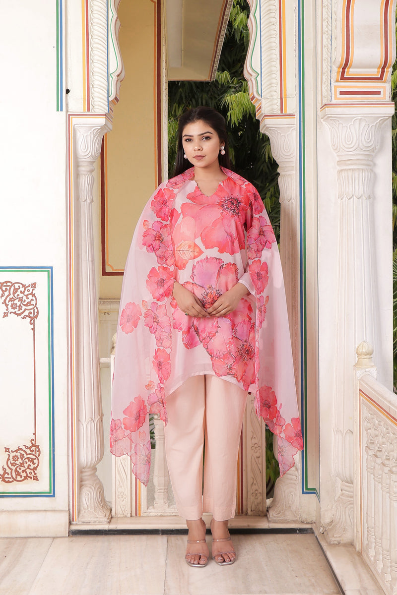 Ivory Placement print V neck Straight suit set with solid bottom & printed organza cut work dupatta set.